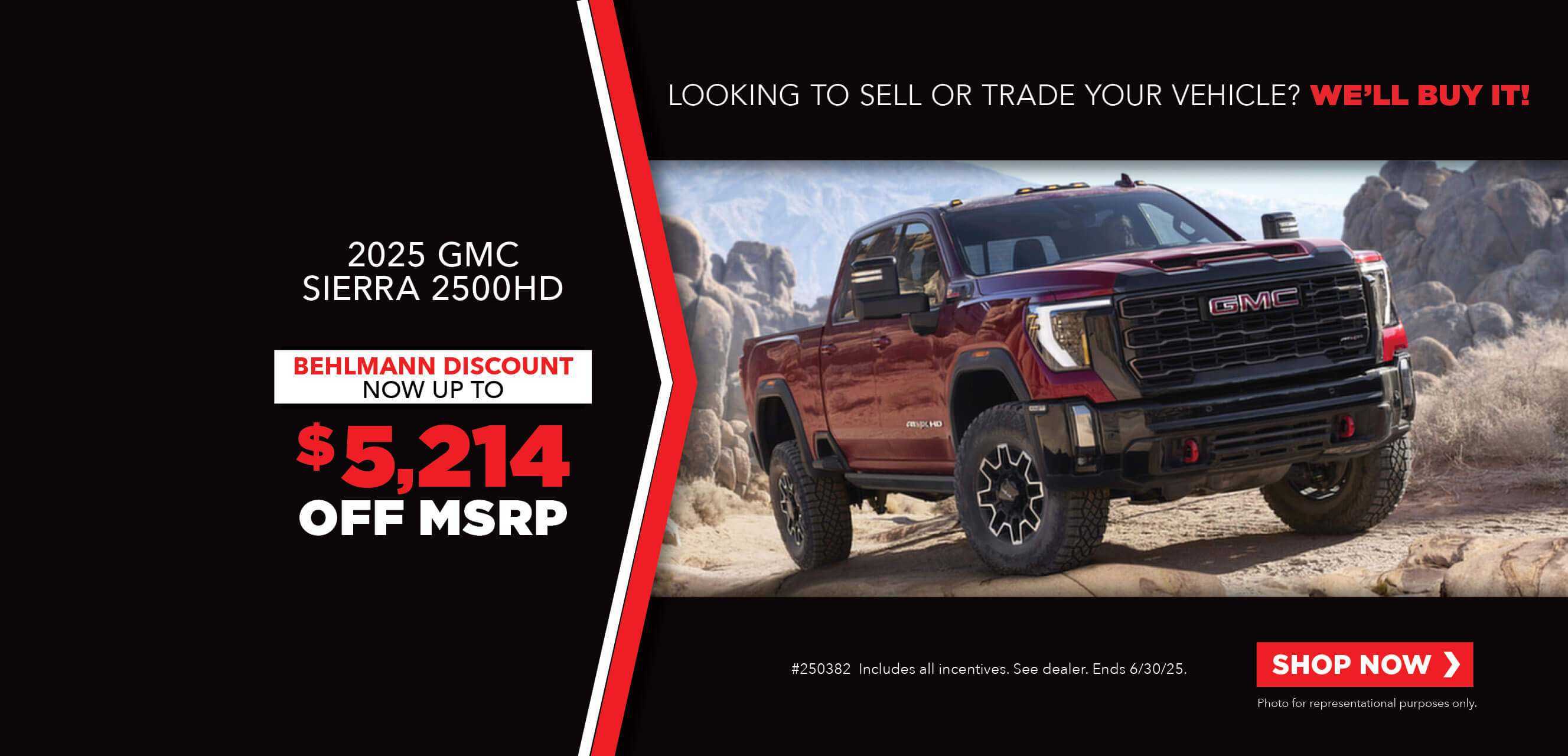 Silver car with advertising slogans: Employee Pricing Plus event at Behlmann! Now up to $5,214 off MSRP on 2025 GMC Sierra 2500 HD.